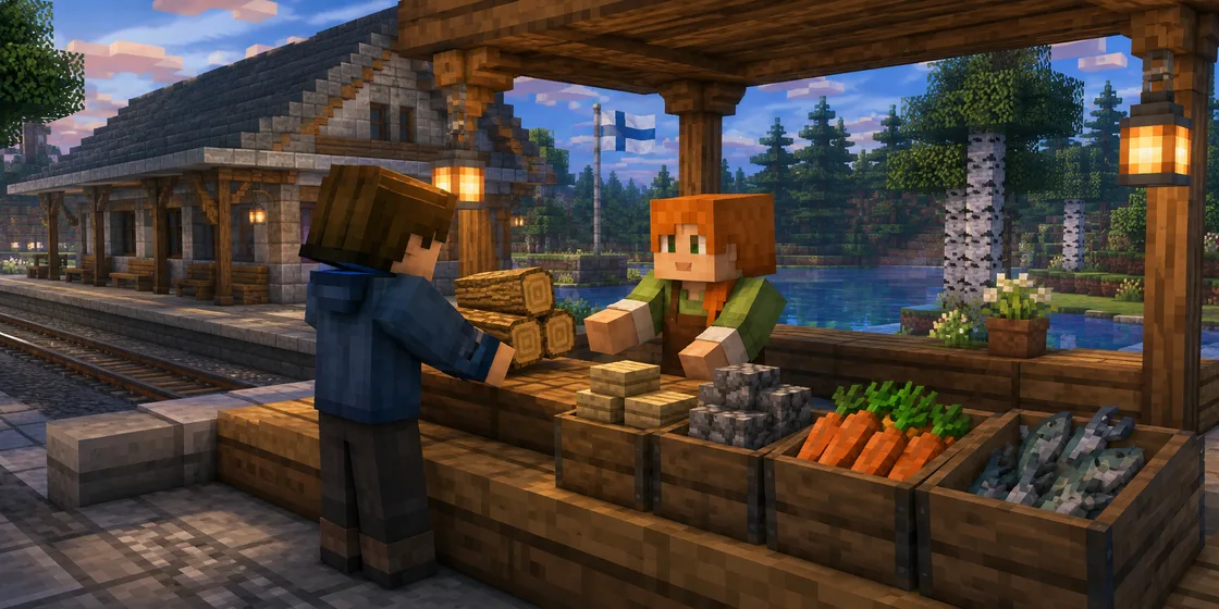 Voxel illustration of players and goods at a Finnish station market counter.